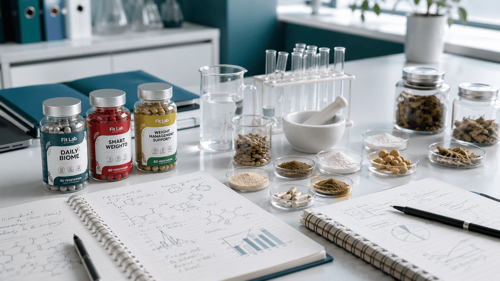 Formulation development notes and raw ingredient samples on a laboratory bench